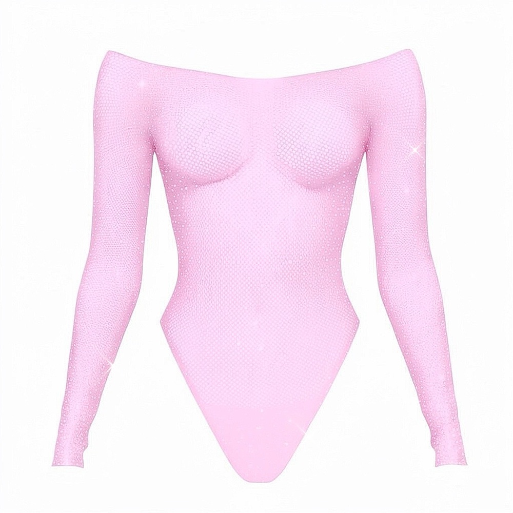 Pastel Pink Rhinestoned Fishnet Bodysuit